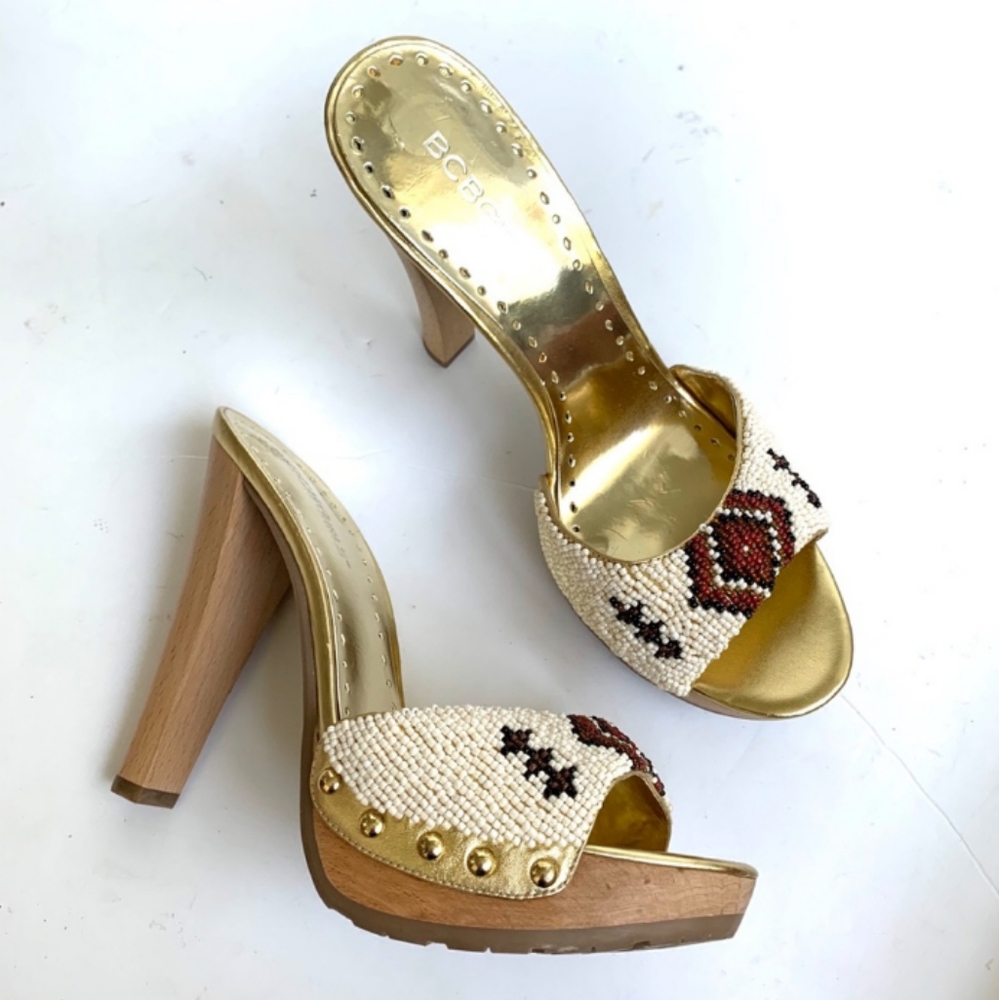 BCBG Girls Beaded Bonnie Aztec heels SANDALS nwot